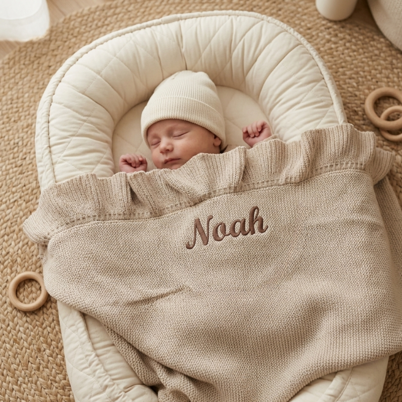 Dojenček spi v pleteni košari, pokrit z bež otroško odejo z vezenim imenom Noah.