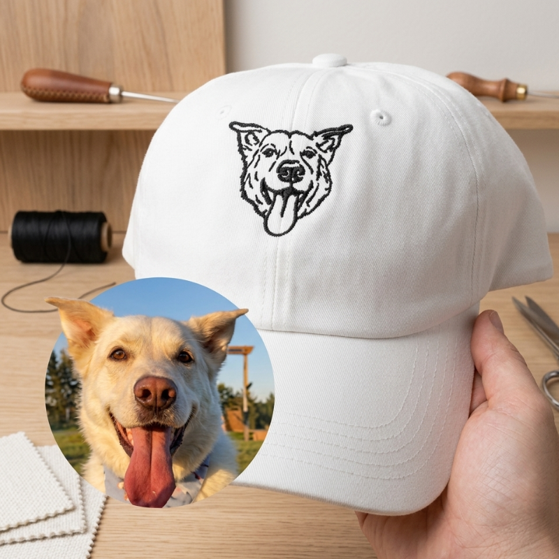 Bela kapa po naročilu z unikatnim vezenjem hišnega ljubljenčka po priloženi fotografiji.