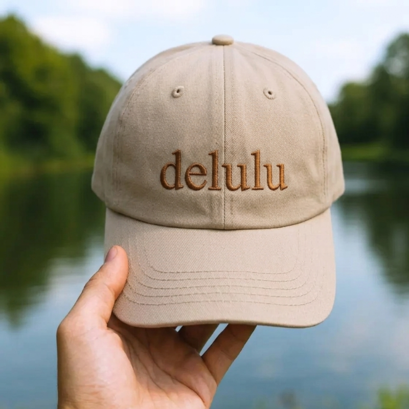 Bež kapa s šiltom z rjavim vezenim napisom "delulu" – zabavna kapa z modernim citatom