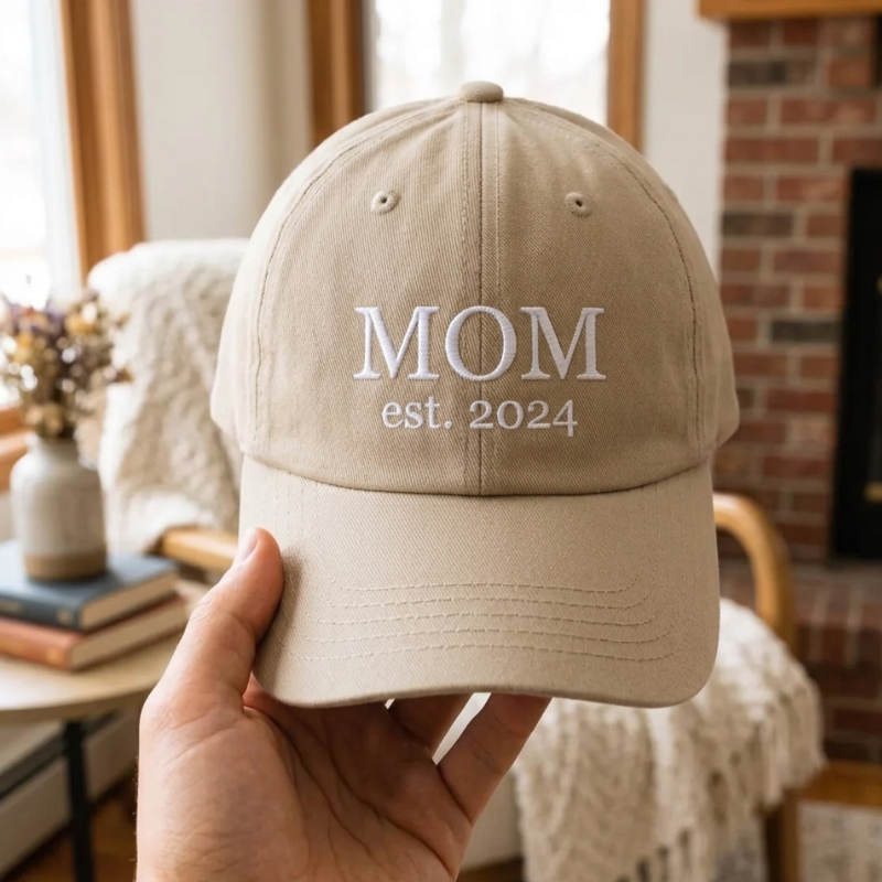 Bež kapa s šiltom z vezenim napisom MOM - personalizirano darilo za materinski dan.